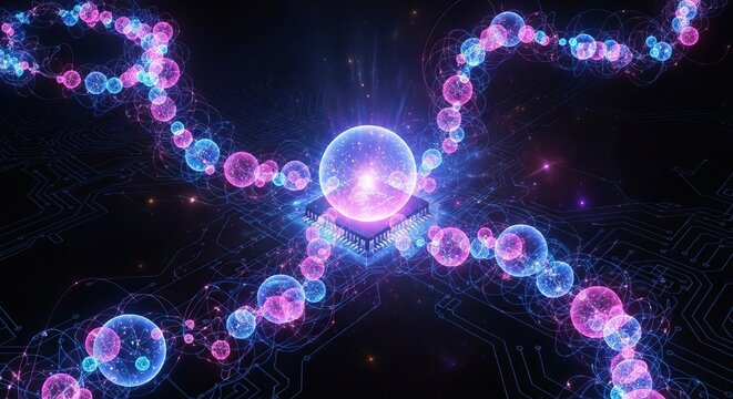 Abstract glowing dna helix structure with luminous spheres and particles in outer space