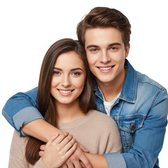Young couple embracing and smiling together isolated on transparent background