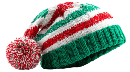 Striped winter beanie with pompom isolated on transparent background