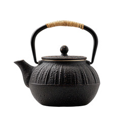 A textured black teapot with a rustic woven handle and speckled accents stands out against a stark black background, ready for brewing.