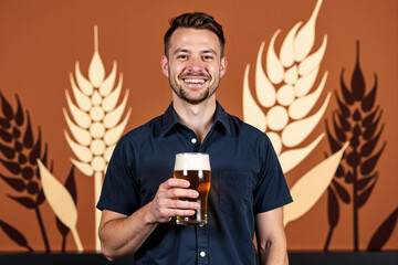 Happy young brewer in black polo shirt holding craft beer glass standing before decorative wheat grain silhouette wall art, microbrewery taproom interior with warm amber brown background atmosphere