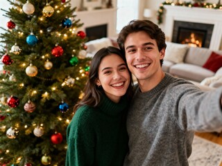 festive holiday moment with couple posing for selfie by christmas tree