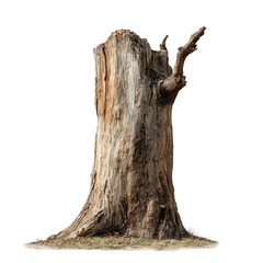 A weathered tree stump stands isolated against a black background showcasing its rough bark and a few remaining branches reaching upwards from the cut trunk