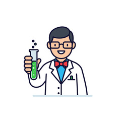 A cartoon scientist wearing glasses and a lab coat holds up a test tube with green liquid and bubbles.