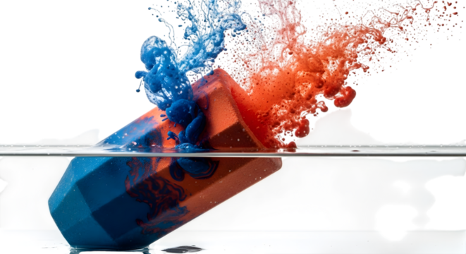 A geometric bath bomb dissolving in water isolated on transparent background