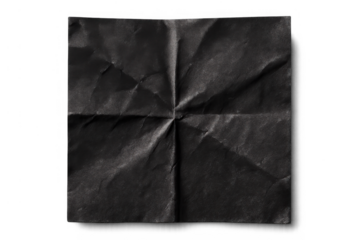 Dark crumpled paper sheet with texture and creases, old grunge background or overlay, transparent background