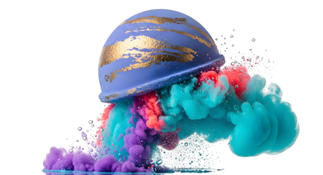 A blue bath bomb dissolving in water isolated on transparent background