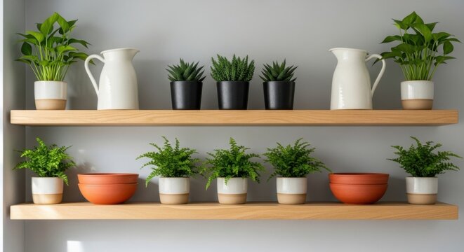 Wooden shelves with plants and decorative items against a gray wall.