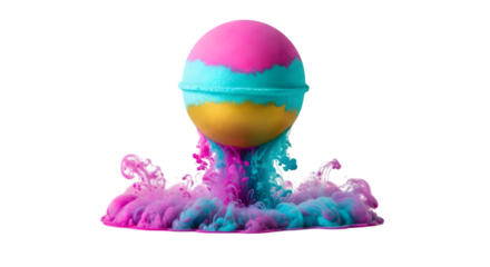 A colorful bath bomb is dissolving in water isolated on transparent background