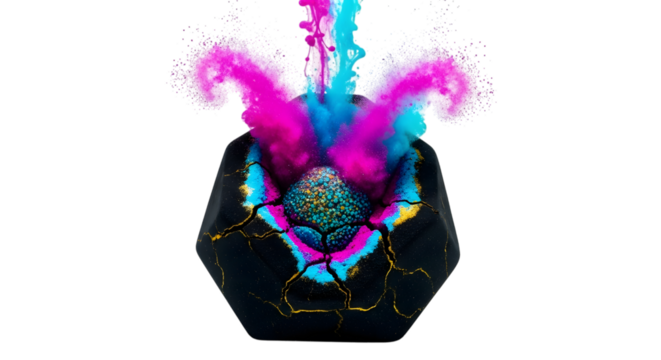 A black geode is bursting with pink and blue powder isolated on transparent background