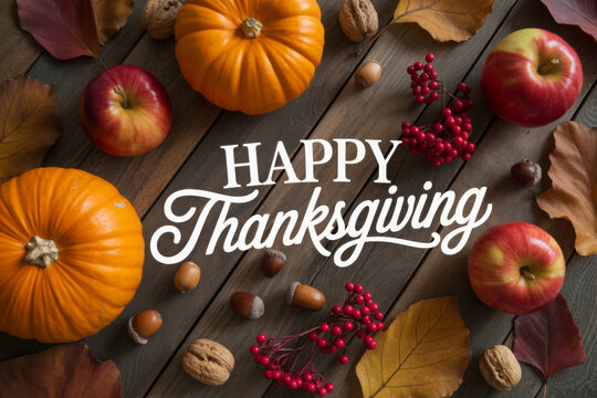 Happy Thanksgiving message with pumpkins apples and autumn leaves on a rustic wood background perfect for holiday greetings and seasonal promotions