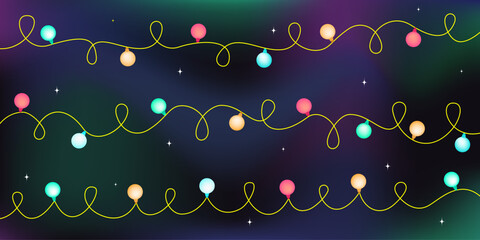 Vector illustration of glowing Christmas garlands on gradient night background. Festive horizontal lights design perfect for banners, headers, and holiday cards.
