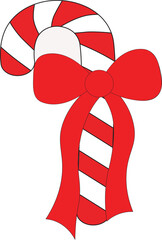 Big Bow on Candy Cane, Christmas Candy Cane, Candy Cane with Bow, Candy Cane Vector