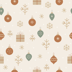 Seamless vector illustration with Christmas ornaments, snowflakes, and gift boxes. Minimalist holiday pattern perfect for festive packaging and seasonal backgrounds.