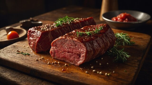 Art and raw meat on a wooden surface