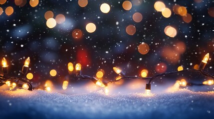 Warm glowing holiday string lights sparkle amidst gentle snowfall and soft bokeh creating a magical, cozy winter ambiance perfect for festive celebrations.