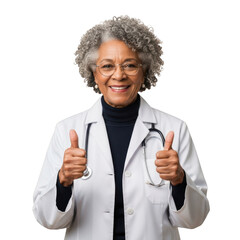Smiling doctor woman giving thumbs up isolated on transparent background