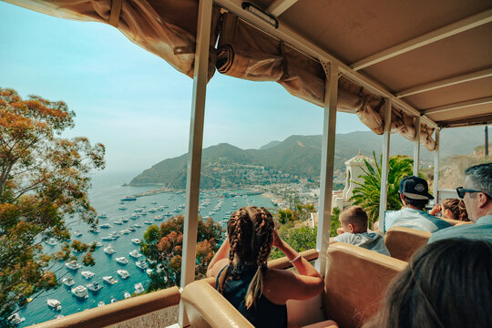 Girl with binoculars looking out of tour bus to tropical view
