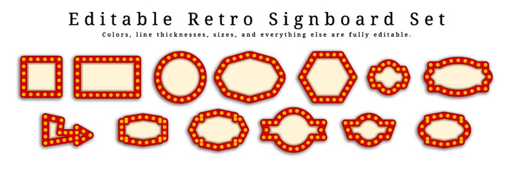 Retro red lighted signboard set with editable vintage marquee frames and glowing bulbs vector illustration