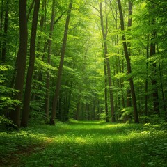 Fototapeta premium A peaceful, dense green background showcasing lush woodland environment, ideal for nature-themed design or tranquil ecological backdrop ,serene ,texture ,natural