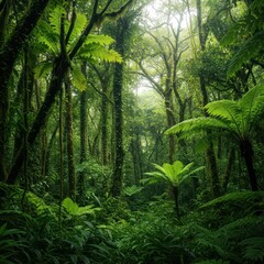 Obraz premium Dense, vibrant canopy layer over a humid jungle floor, showcasing lush tropical growth, enormous ferns, and hanging vines in dramatic filtered sunlight, vibrant, leaves, nature