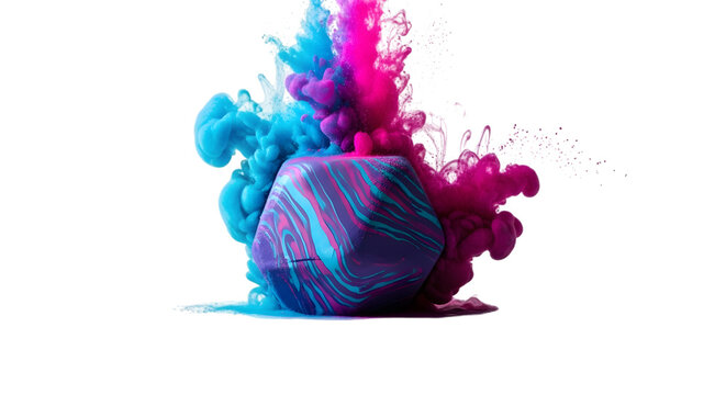 Geometric bath bomb exploding with vibrant powder isolated on transparent background