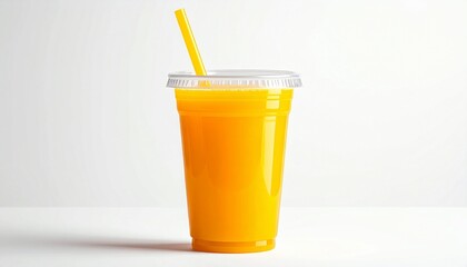Clear plastic cup of bright orange juice with dome lid and yellow straw—set against white background