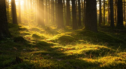 Obraz premium Ethereal sunbeams pierce the canopy, bathing a vibrant, moss-covered woodland glade in soft, golden autumn light ,dappled, nature, bright