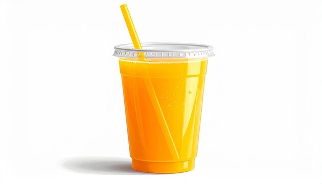 Clear plastic cup of bright orange juice with dome lid and yellow straw&mdash;set against white background