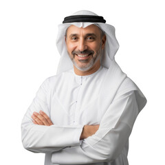 Smiling middle eastern man in traditional white clothing isolated on transparent background