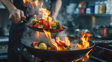 Chef skillfully stir-frying colorful vegetables with flames in a