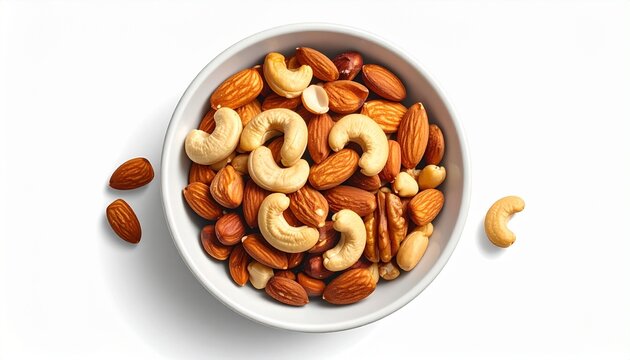 White bowl filled with assorted whole nuts—set against white background