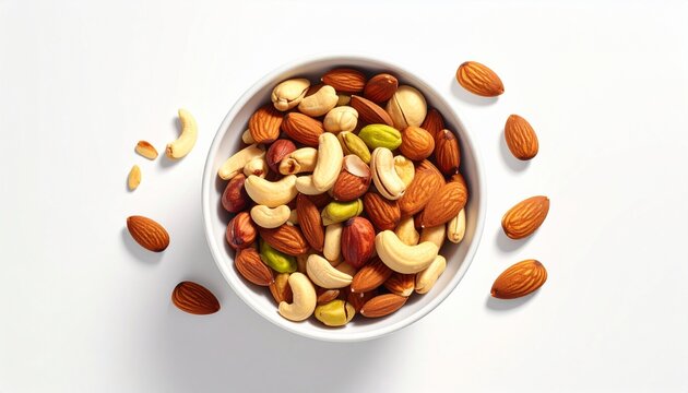 White bowl filled with assorted whole nuts—set against white background