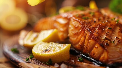 Grilled salmon with lemon garnishes served on a wooden cutting b