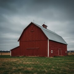 Obraz premium Classic red wooden barn structure dominates this tranquil farmstead scene, capturing the essence of rustic rural life and agriculture heritage, field, farm, historic