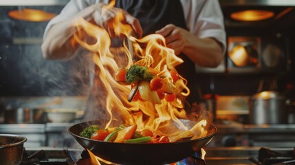 Chef skillfully stir-frying colorful vegetables with flames in a