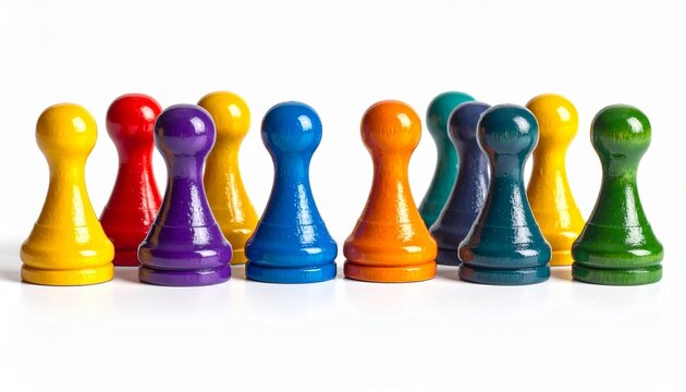 colorful game pawns loosely grouped on white background