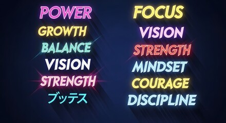 Neon words on a dark background displaying motivational concepts and japanese text in vibrant colors
