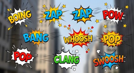 Comic book sound effects with buildings in the background on a bright sunny day outside