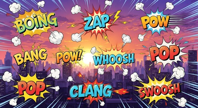 Comic book style cityscape background with onomatopoeia and a colorful sunset sky above it all