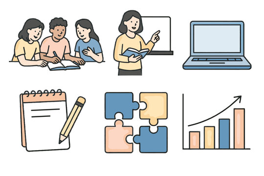 Education white teamwork simple collaborating no students puzzle laptop teacher vector open