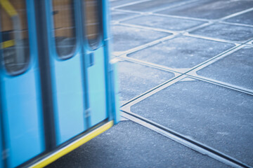 Tram in motion on track in Gothenburg, Sweden.