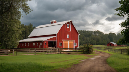 Classic Red Barn with White Roof in Rural Countryside Under Dramatic Grey Storm Clouds Dirt Road Leading to Farm