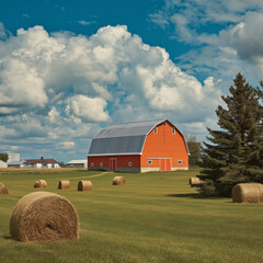 Vibrant Red Barn with Hay Bales in Rural Countryside Farm Field Under Blue Sky with Fluffy White Clouds