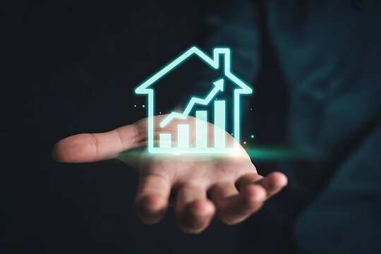 real estate investment concept energy efficiency rating and property value, Real estate online on virtual screens. new home for the family, home search, land price