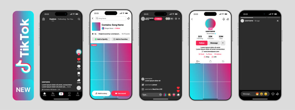 Tiktok complete layout showing video reels story live stream profile bio likes comments shares audio tools and full interactive elements in a modern mobile vector illustration