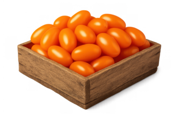 Fresh yellow tomatoes filling a rustic wooden crate, offering healthy sweet snack alternative on transparent background
