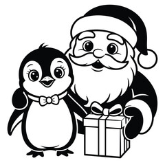 Cute cartoon penguin and santa claus with a gift