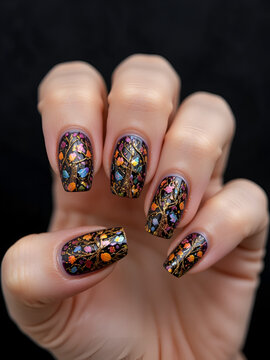 Autumn Tree Nail Art with Glitter Accents on Dark Background with Golden Twig