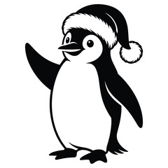 Cute penguin wearing a santa hat waving hello